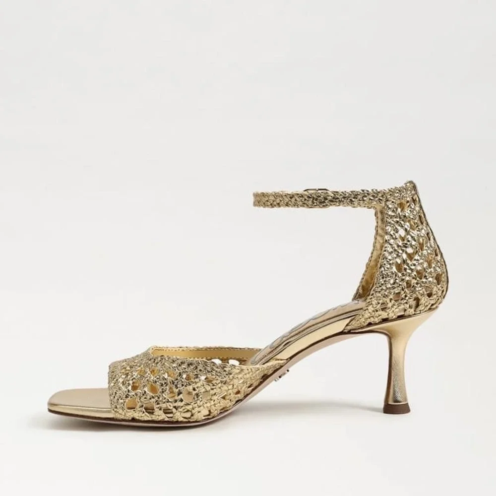 New Sam Edelman Gold Woven Kitten Heels Metallic Strappy Square Toe Sandals 8.5